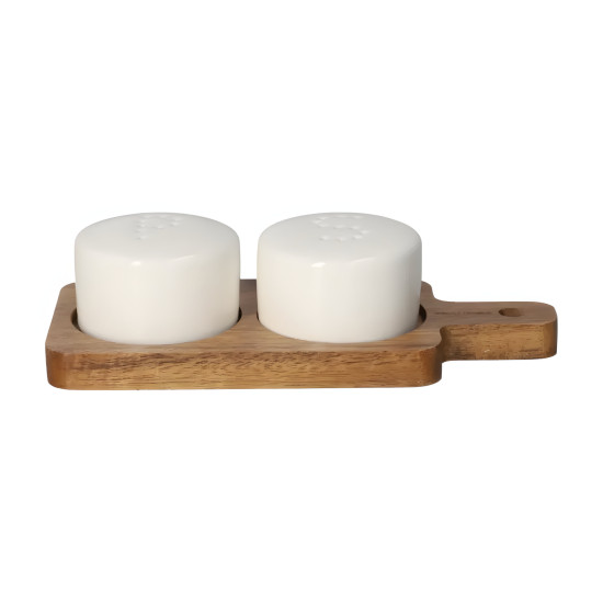 Porcelain Salt Shaker Set 2 Pcs with Wooden Base